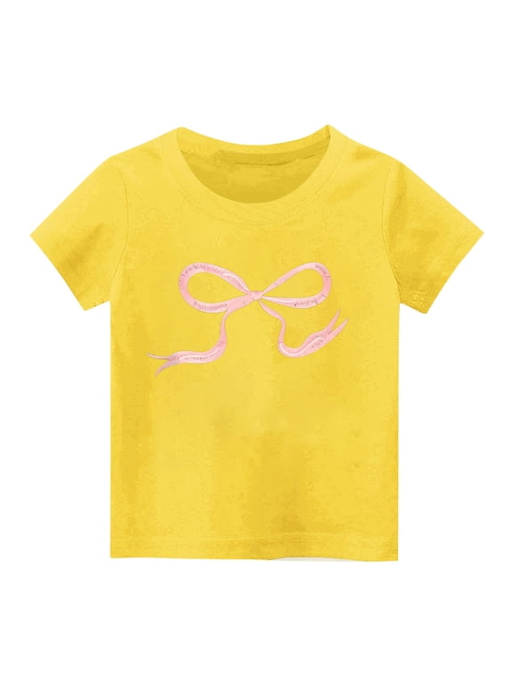 Little Girl's T-Shirts, Bow Print Short Sleeve Tee, Casual Loose Fit Pullover Graphic Tees for 7-8 Years