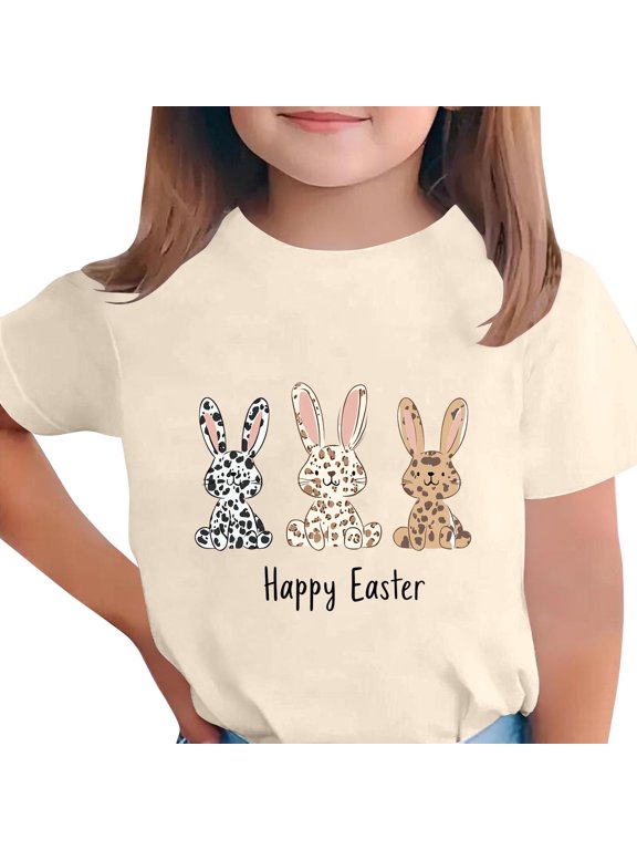 Little Girl's T-Shirts, Easter Print Short Sleeve Tee, Casual Loose Fit Pullover Graphic Tees for 7-8 Years