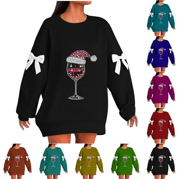 Lovzfmll Long Sleeve Shirts for Women, Christmas Print Bow Cute Going Out Tops Pullover, Loose Fit Fall 2025 Trendy Sweatshirt