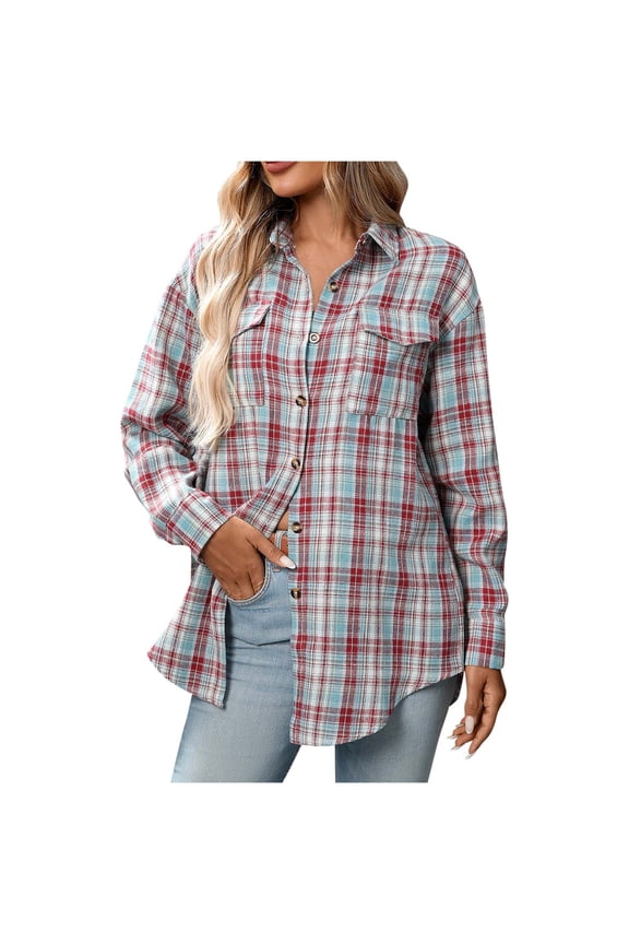 Long Sleeve Shirts for Women, Classic Plaid Button Down Shirt with Front Pocket, Loose Fit Fall 2025 Trendy Blouses Casual