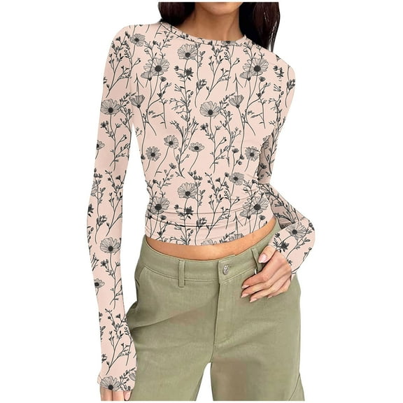 Lovzfmll Long Sleeve Shirts for Women, Floral Print Stretchy Going Out Tops, Slim Fit Fall 2025 Trendy Blouses Casual Dressy Pullover