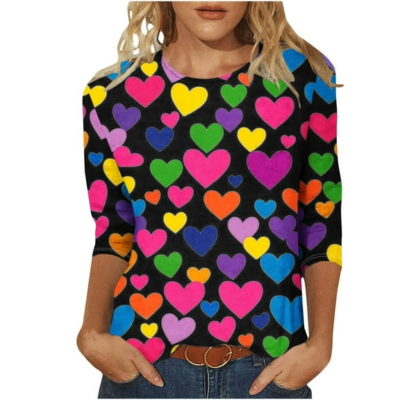 Lovzfmll Long Sleeve Shirts for Women, Heart Print Casual Basic Blouses Pullover, Valentine's Day Going Out Dating Tops