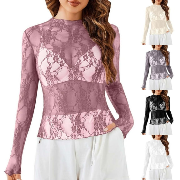 Lovzfmll Long Sleeve Shirts for Women, Lace Sheer Floral Lace Going Out Tops, Slim Fit Night Club Blouses Dressy Fall 2025 Trendy