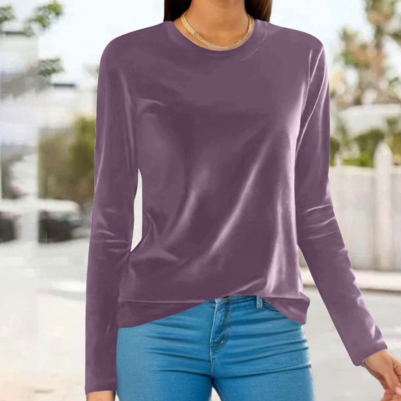 Lovzfmll Long Sleeve Shirts for Women, Velvet Cozy Solid Color Going Out Tops, Fall 2025 Trendy Blouses Casual Basic Pullover