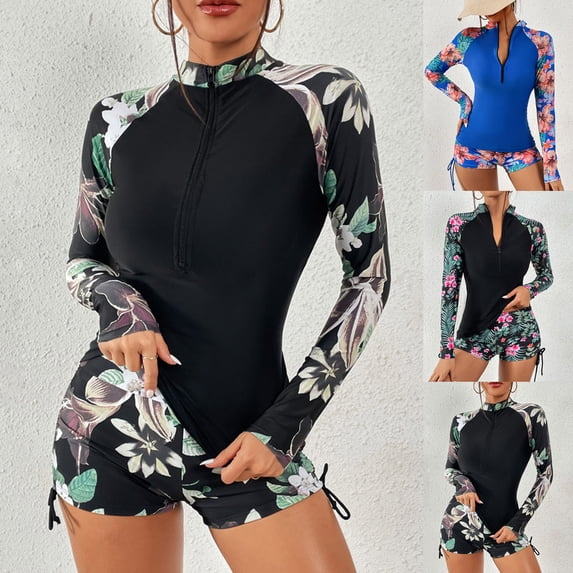 Lovzfmll Long Sleeve Swim Tops for Women, Printed Rash Guard Shirts with Padded Shelf Bra, UV Protection