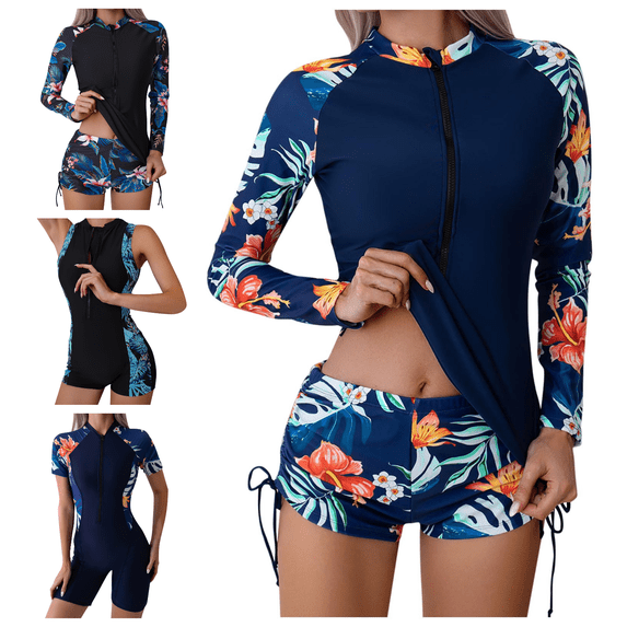 Lovzfmll Long Sleeve Swimwear for Women, Printed Rash Guard Surf Suits, UV Protection One and Two Piece
