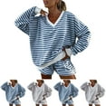 thumbnail image 1 of Lovzfmll Lounge Sets for Women, 2 Piece Striped V-Neck Top and Shorts Set, Casual Loose Fit Matching Sets, 1 of 9