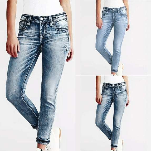 Lovzfmll Low Rise Denim Pants for Women, Embroidered Pocket, Relaxed Fit Taper Ankle Length Jeans Dark Blue, S