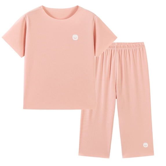 Lovzfmll Lyocell Lightweight Pajama Set, Short Sleeve Round Neck Top & Straight Pants for Boys & Girls, Sleepwear Outfits for Kids 7-8 Years