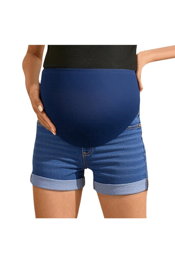 Maternity Denim Shorts for Women, Rolled Hem Adjustable Belly, Casual Pregnancy Shorts Blue, M