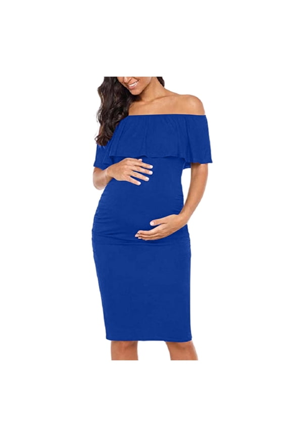 Maternity Dress for Women, Off Shoulder Sleeveless with Ruffle, Casual Pregnancy Shift Mid-Length Dress Blue, M