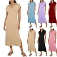 thumbnail image 1 of Lovzfmll Maxi Dress for Women, Collared Short Cap Sleeve with Side Slit, Casual Slip Dress Khaki, S, 1 of 7