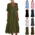 thumbnail image 1 of Lovzfmll Maxi Dress for Women, V-Neck Short Sleeve with Pocket, Casual Linen Blend Pullover Dress Navy, L, 1 of 9