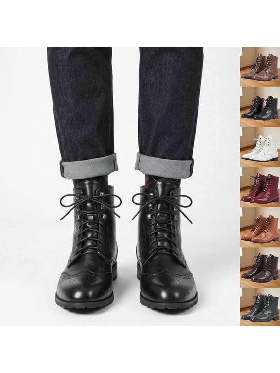 Men's Boots, Faux Leather Vintage Lace-Up High Top Low Heel Ankle, Lace-Up Mid-Calf Casual Low Heel Wingtip Boots for Men, 4