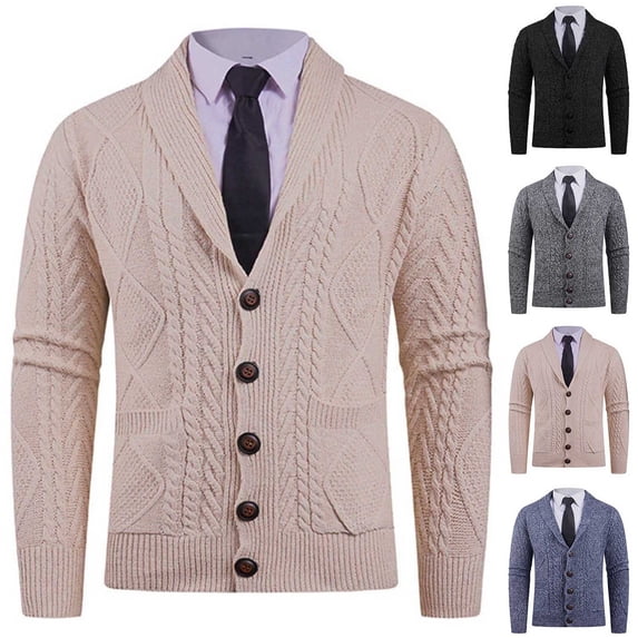 Lovzfmll Men's Cardigan, Shawl Collar Cable Knit Button Pocket, Casual Long Sleeve Sweater for Men, L