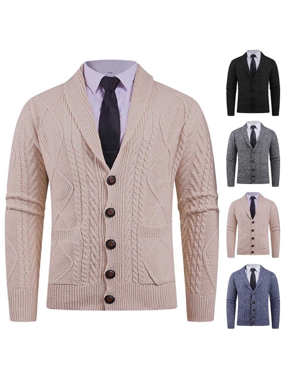Men's Cardigan, Shawl Collar Cable Knit Button Pocket, Casual Long Sleeve Sweater for Men, L