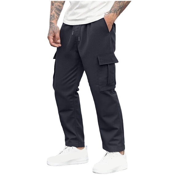 Lovzfmll Men's Cargo Pants, Multi-Pocket Work Trousers with Drawstring Waist, Athletic Relaxed Full Length, Solid Color Utility Pants