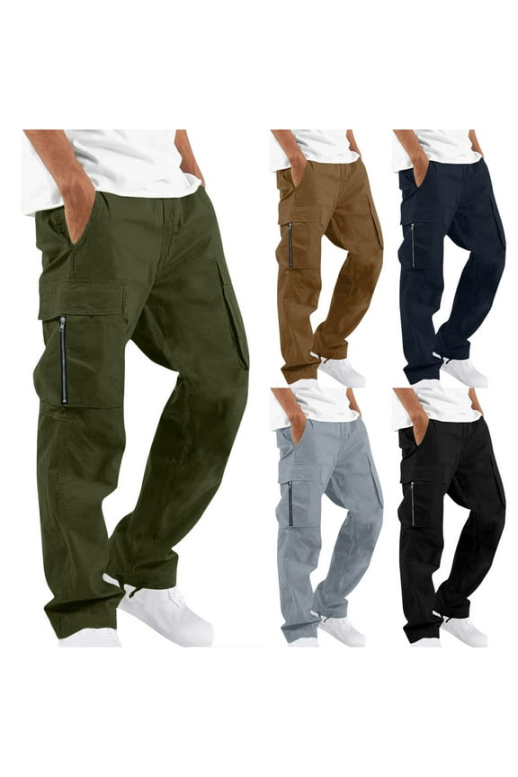 Men's Cargo Pants, Outdoor Work Trousers with Elastic Waist & Pockets, Loose Full Length Gym Pants, Casual Utility Relaxed Fit Pants