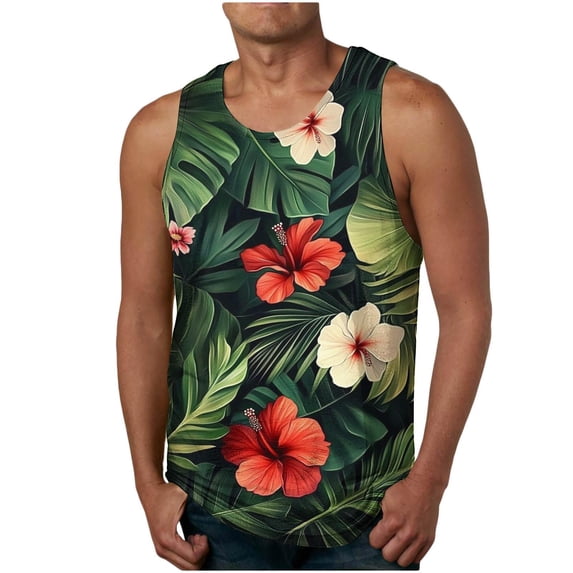 Lovzfmll Men's Casual Hawaiian Print Pullover Sleeveless Round Neck Summer Sports Tank, Soft Loose Vacation Fitness Muscle Tee Green, L