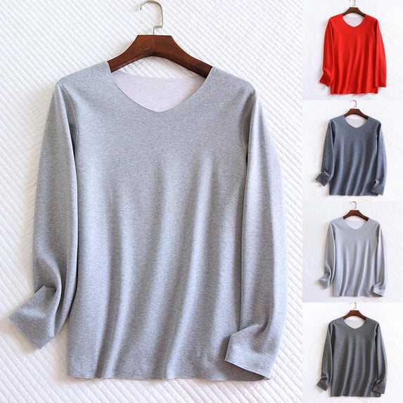 Lovzfmll Men's Comfort V-Neck Thermal Pullover for Home Wear, Solid Color Soft Long Sleeve Top for Pajamas and Lounging Comfort