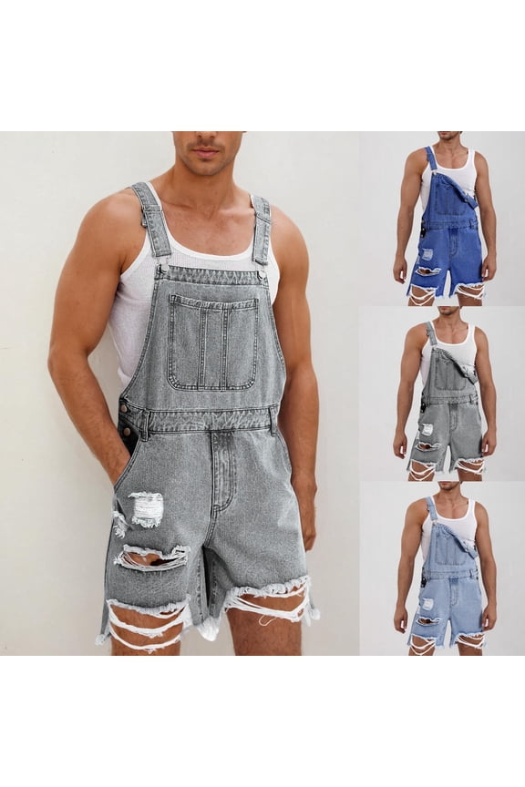 Men's Distressed Denim Overalls, Washed Rip Pocket Bib Shorts, Casual Jean Shorts with Adjustable Straps Light Blue, XL