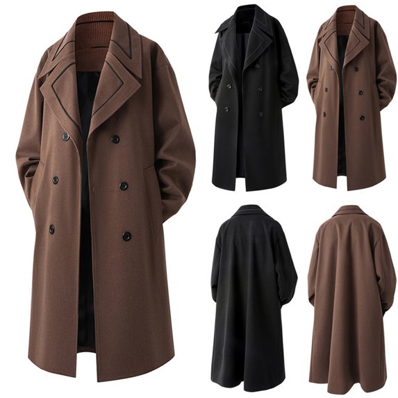 Lovzfmll Men's Double Breasted Trench Coat, Mid Length Wool Blend, Casual Pockets, Long Sleeve Overcoat, Formal Outerwear