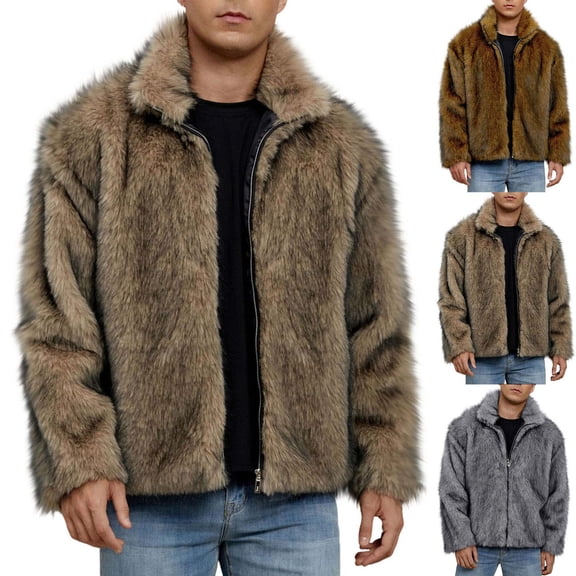 Lovzfmll Men's Faux Fur Coat, Solid Color Lapel Collar, Plush Pile Jacket, Winter Warm, Long Sleeve Outerwear, Men's Winter Jacket