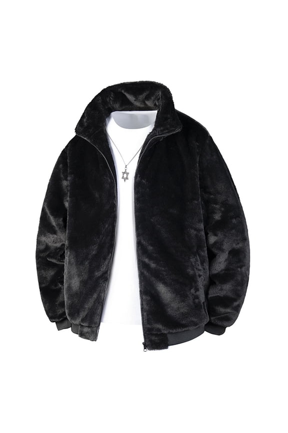 Men's Faux Fur Jacket, Plush Pile Coat, Full Zip with Pockets, Stand Collar Soft Winter Coat, Warm Outerwear