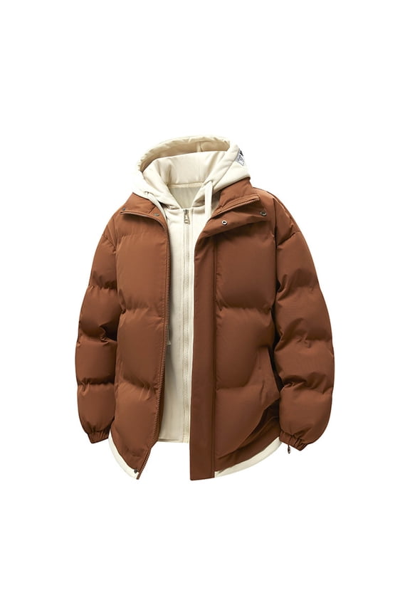 Men's Faux Two Piece Hoodie, Thickened Cotton Jacket, Windproof Cold Resistant, Loose Fit Padded, Winter Coat for Men