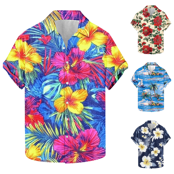 Lovzfmll Men's Floral Hawaiian Resort Shirt, Short Sleeve Aloha Print Casual Top, Button Down Vacation Blouse