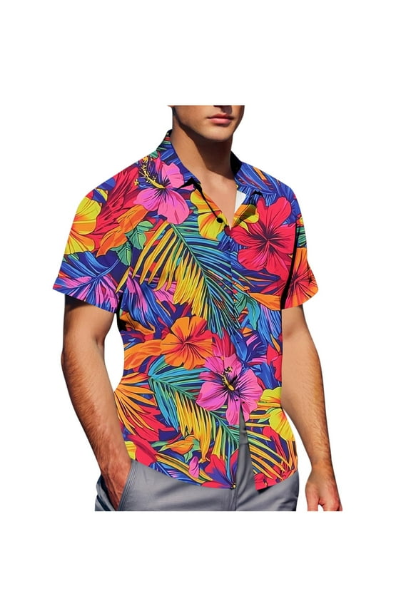 Men's Hawaiian Print Short Sleeve Shirt, Hidden Button Down Collar with Chest Pockets, Resort Casual Open Front Blouse