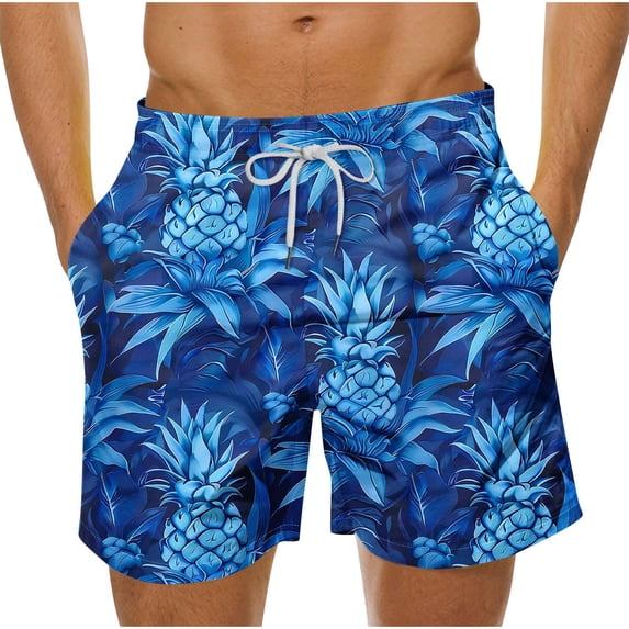 Lovzfmll Men's Hawaiian Print Swim Trunks, Quick-Dry Beach Shorts with Side Pockets, Casual Board Shorts for Vacation & Swimming Blue, 2XL