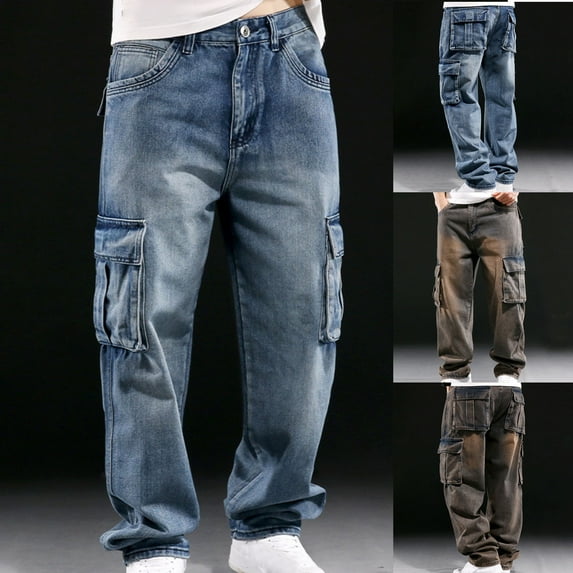 Lovzfmll Men's Jeans, Outdoor Casual Trousers with Multiple Pockets, Full Length Denim Work Pants, Relaxed Fit Comfort Fall Clothes