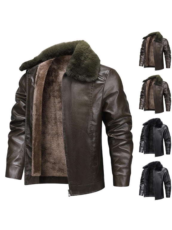 Men's Leather Jacket, PU Leather Coat, Fleece Lined Zip Up, Lapel Collar, Winter Jackets, Warm Outerwear for Men