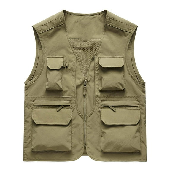 Lovzfmll Men's Lightweight Softshell Vest Windproof Sleeveless Jacket for Travel Hiking Running Work Solid Color Stand Collar Multiple Pockets Outdoor Sports Photography Coat Khaki M