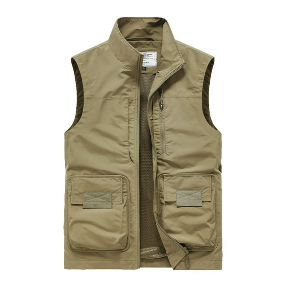 Lovzfmll Men's Lightweight Softshell Vest Windproof Sleeveless Jacket for Travel Hiking Work Solid Color Stand Collar Multiple Pockets Outdoor Sports Photography Casual Coat Khaki M