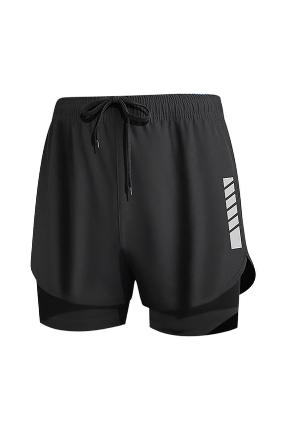 Men's Lined Running Shorts, Double Layer Workout Shorts, Solid Color Athletic Shorts with Built-In Compression Black, XL
