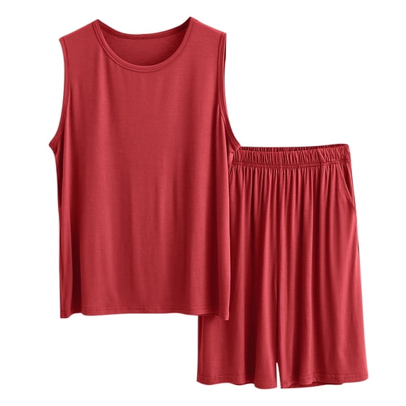 Lovzfmll Men's Pajama Set, Summer Modal Sleeveless Vest 2 Piece, Solid Color Casual Home Loungewear, Breathable & Lightweight XL-5XL