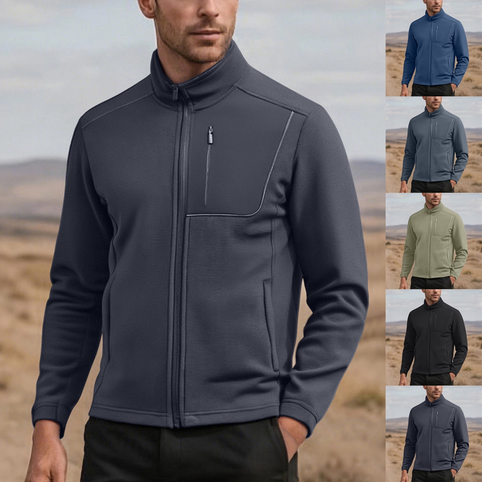 Lovzfmll Men's Polar Fleece Jacket, Solid Color Stand Collar, Long