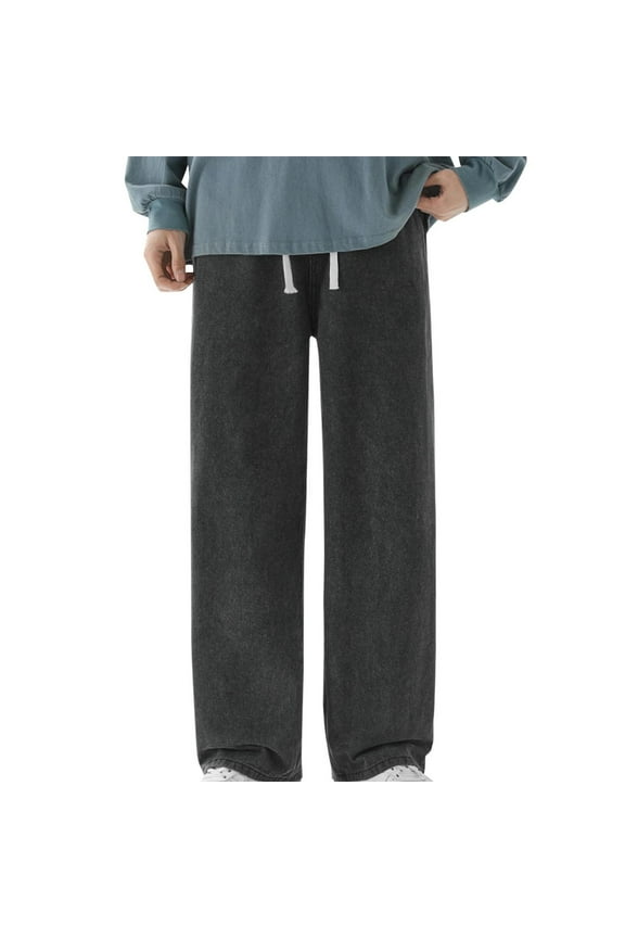 Men's Retro Jeans, Vintage Straight-Leg Denim Trousers with Pocket, Casual Full Length Loose Fit Pants, Fall Clothes