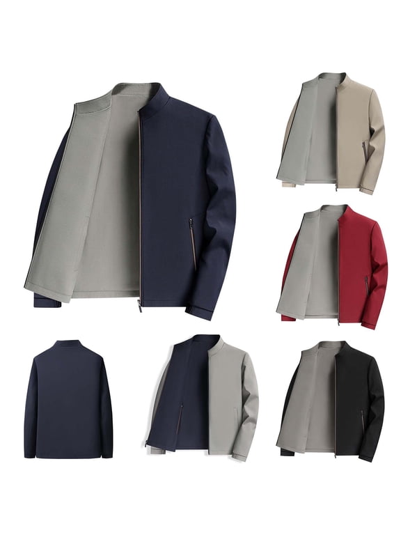 Men's Reversible Jacket, Double Sided Wear, Stand Collar, Zip Pockets, Solid Color, Winter Outerwear for Men
