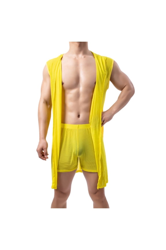 Men's Robe, Sheer Hooded Sleeveless Starry Night Bathrobe, Lightweight Tie Belt Kimono, Semi-Transparent Sleepwear S-XL