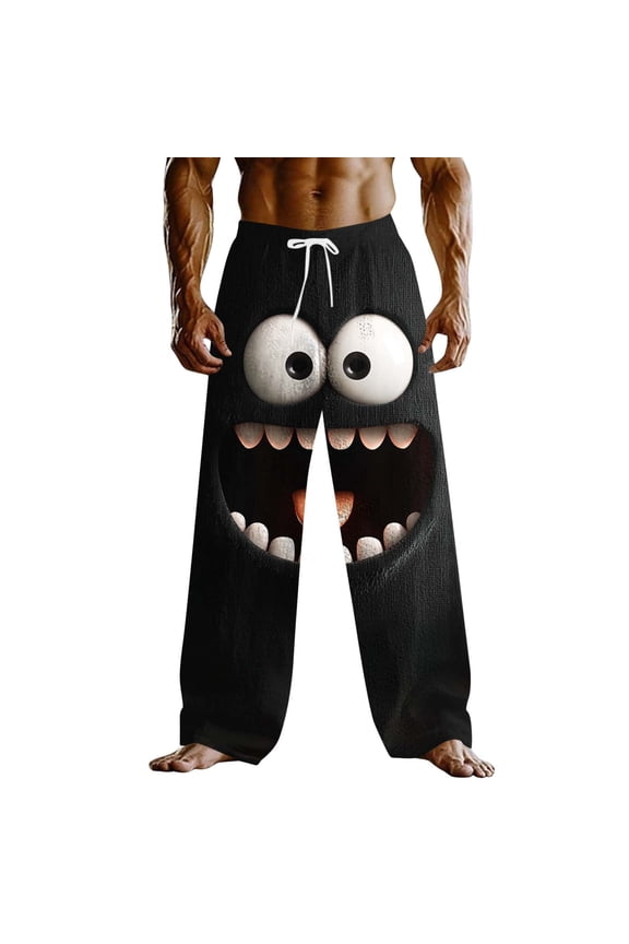 Men's Straight Leg Pants, Cartoon Face Relaxed Fit Drawstring Elastic Waist with Pocket, Casual Loose Fit Full Length Pants