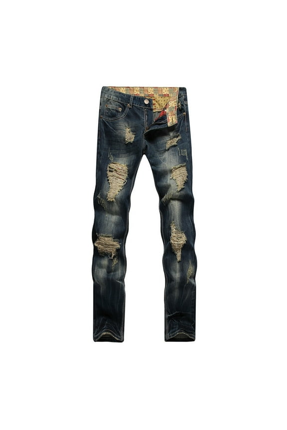 Men's Straight Leg Pants, Splatter Paint Distressed Ripped Denim, Casual Relaxed Fit Full Length Pants