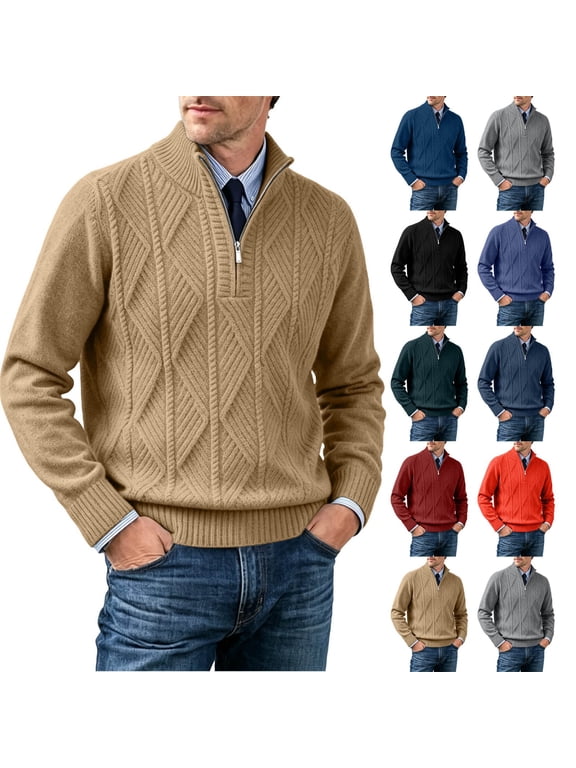 Men's Sweater, Half Zip Mock Neck Cable Knit Pullover, Casual Long Sleeve Top for Men, M
