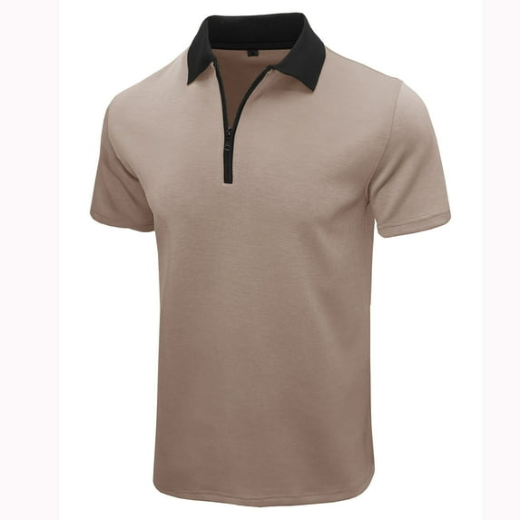 Lovzfmll Mens T-Shirts, Mens Summer Fashion Quick Dry Casual Lightweight and Comfortable Basic Short Sleeve T-Shirts Solid Color Turn-Down Collar Zipper V-Neck Loose Daily Shirt Khaki M