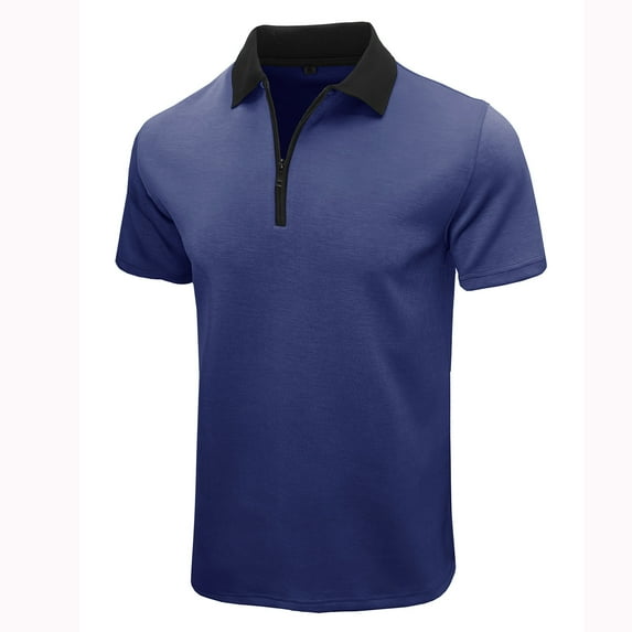 Lovzfmll Mens T-Shirts, Mens Summer Fashion Quick Dry Casual Lightweight and Comfortable Basic Short Sleeve T-Shirts Solid Color Turn-Down Collar Zipper V-Neck Loose Daily Shirt Dark Blue XL
