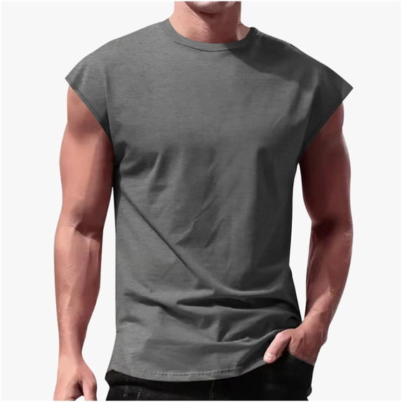 Lovzfmll Mens Tank Tops Summer, Men's Tank Tops Quick Dry Crew Neck Workout Swim Beach Shirts Sleeveless Casual for Gym Training Comfortable Solid Color Thin Kam Shoulder T-Shirt Dark Gray L