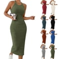 thumbnail image 1 of Lovzfmll Mock Neck Sleeveless Ribbed Solid Color Fitted Midi Dress for Women Halter Style Relaxed Fit Crew Neck Green, XL, 1 of 9