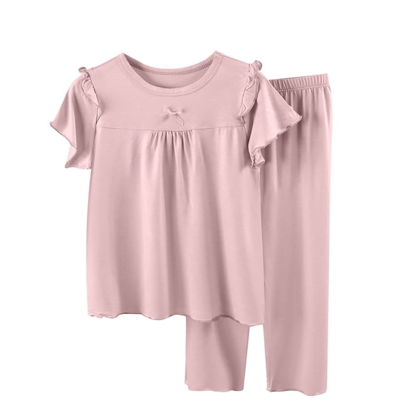 Lovzfmll Modal Ruffle Pajama Set for Girls, Short Sleeve Flutter Top & Loose Pants, Princess Style Sleepwear Outfits for Kids 5-6 Years